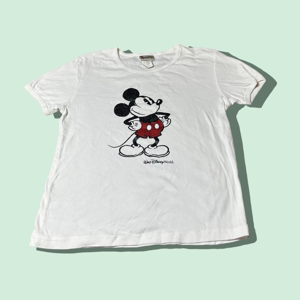 Women’s Vintage Walt Disney World White Short Sleeve Mickey Mouse Glitter Tee Lg